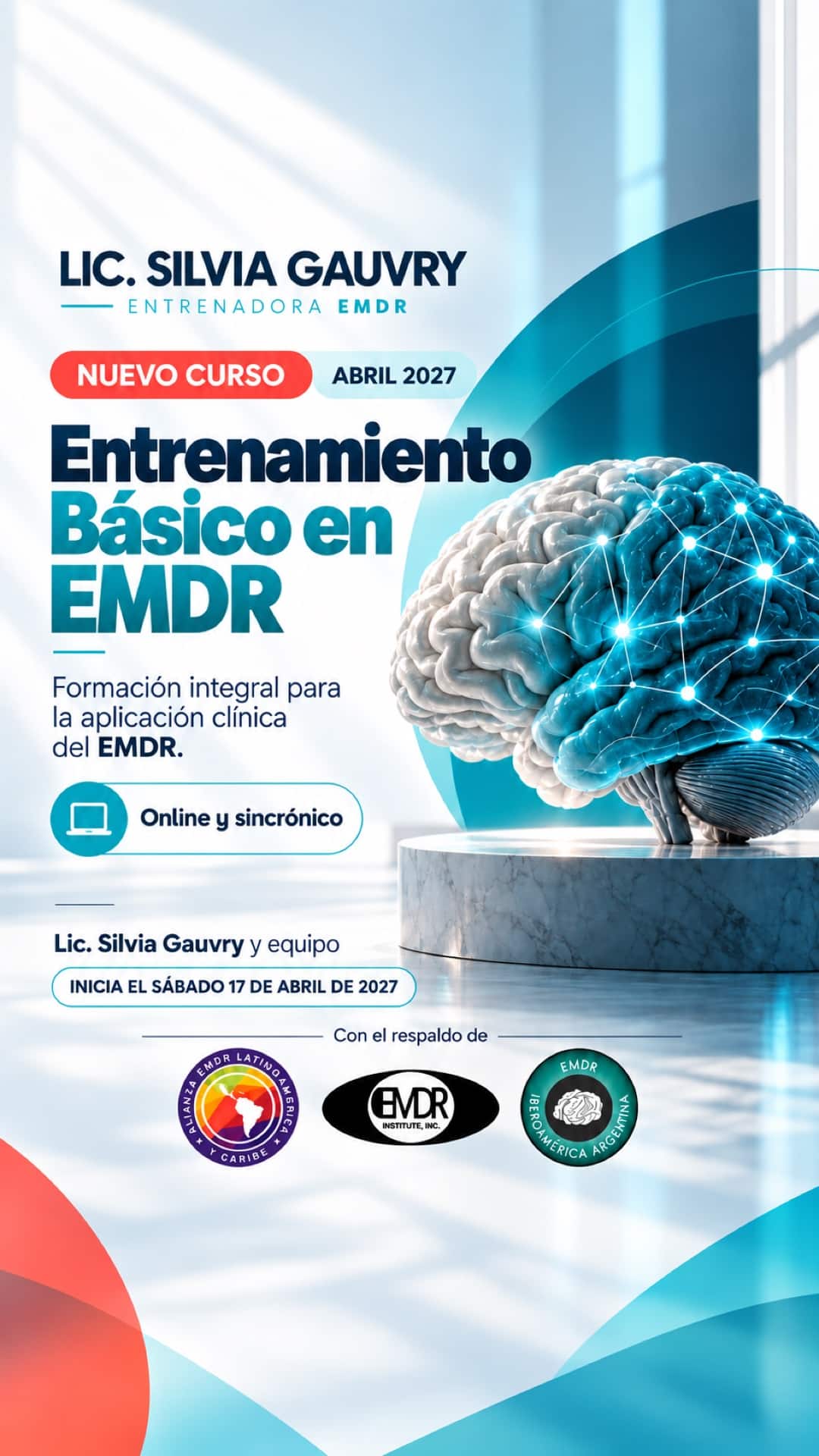 Flyer del entrenamiento básico en EMDR con Silvia Gauvry y equipo. Inicio el 17 de abril de 2027